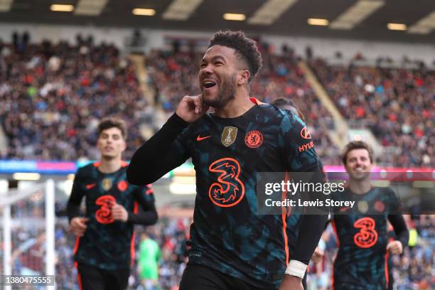 Reece James of Chelsea celebrates after scoring their team's first goal during the Premier League match between Burnley and Chelsea at Turf Moor on...