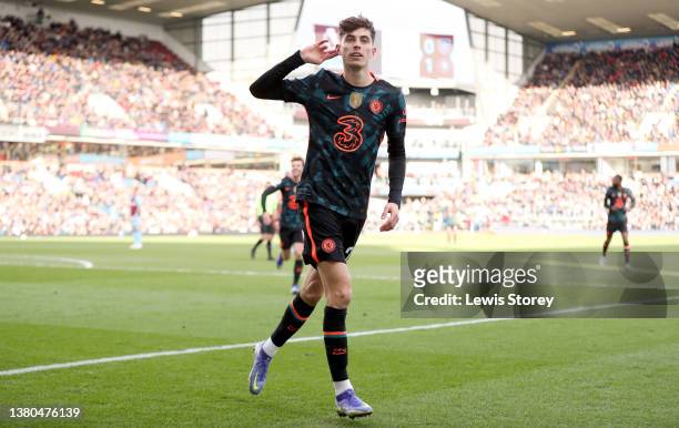 Kai Havertz of Chelsea celebrates after scoring their team's second goal during the Premier League match between Burnley and Chelsea at Turf Moor on...
