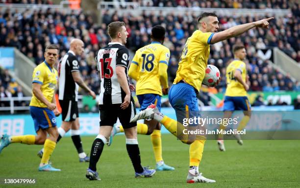 Shane Duffy of Brighton & Hove Albion celebrates after Lewis Dunk scored their sides first goal during the Premier League match between Newcastle...