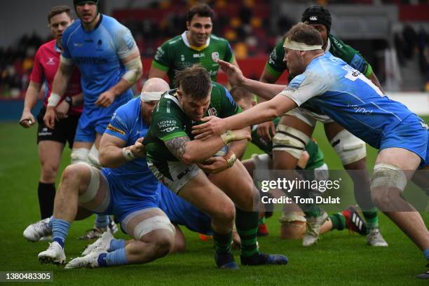 Facundo Gigena of London Irish is tackled during the Gallagher Premiership Rugby match between London Irish and Worcester Warriors at Brentford...