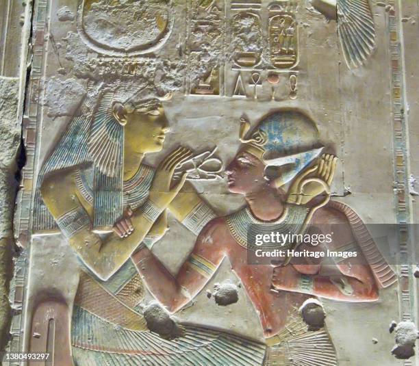 Pharaoh Seti I with the Goddess Hathor, ca 1290 BC. Found in the Collection of the The temple of Seti I, Abydos. Artist Ancient Egypt. (Photo by Fine...