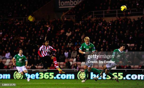 Sunderland striker Fraizer Campbell scores the first Sunderland goal during the Barclays Premier League game between Sunderland and Norwich City at...