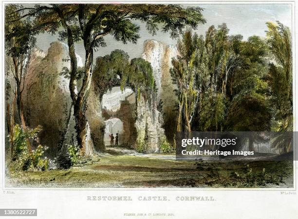 Restormel Castle, Restormel, Lostwithiel, Cornwall, c1830. Hand coloured engraving showing the gatehouse of the inner ward at Restormel Castle with...