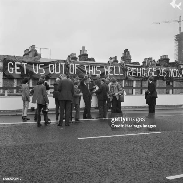 Westway Flyover, A40, Kensington and Chelsea, London, . Michael Heseltine and a group of journalists at the opening of the Westway Flyover, with a...