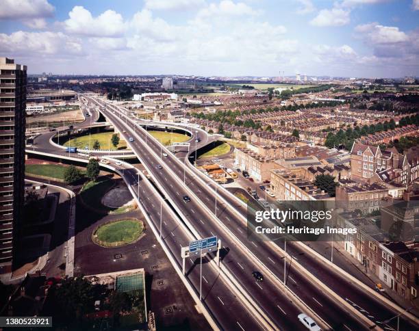 Westway Flyover, A40, Kensington and Chelsea, London, . An elevated view looking west at the junction between the Westway Flyover and the West Cross...