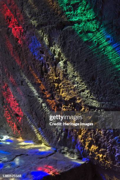 Dover Castle, Dover, Kent, 2009. Detail of coloured light cast by a stained-glass window in the chapel of the castle's Great Tower. Artist Derek...