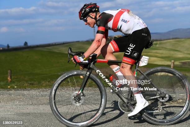 Tadej Pogacar of Slovenia and UAE Team Emirates competes to win the Eroica - 16th Strade Bianche 2022 - Men's Elite a 184km one day race from Siena...