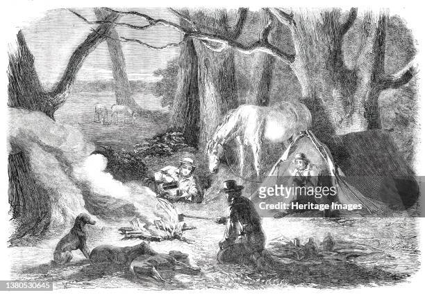 Bushing It - Camped for the Night, 1850. British settlers in Australia. ', the Settlers Bushing it, and camped for the night, having wearied...