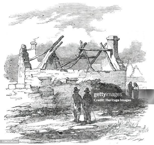 Cabin of Pat. MacNamara, Village of Clear, 1850. Destruction of rural homes by the 'levellers', during the Irish Potato Famine. The poor were blamed...