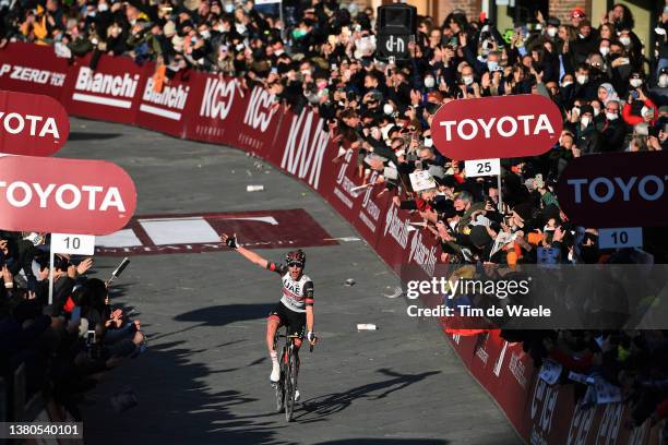 Tadej Pogacar of Slovenia and UAE Team Emirates celebrates winning during the Eroica - 16th Strade Bianche 2022 - Men's Elite a 184km one day race...