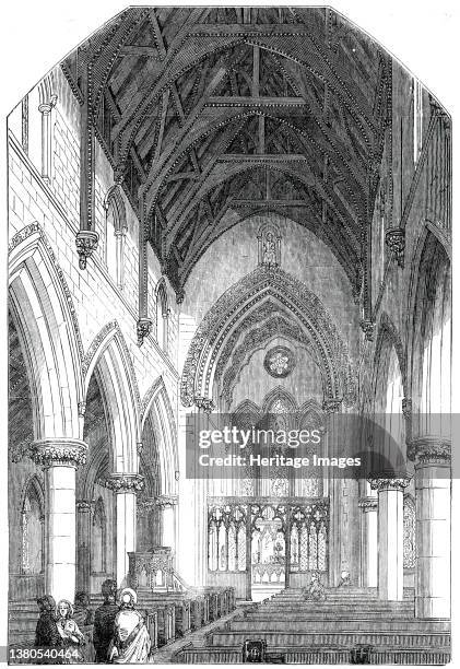 Interior of St. Barnabas Church, Pimlico, 1850. View from the nave, looking east. 'The windows throughout the Church - every one of stained glass -...