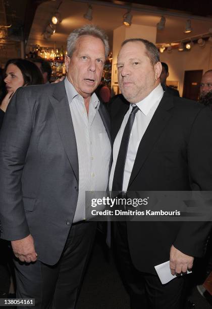 Steve Tisch and Harvey Weinstein attend the New York Giants Super Bowl Pep Rally Luncheon at Michael's on February 1, 2012 in New York City.