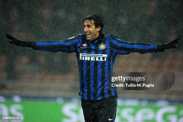 Diego Milito of Inter celebrates after scoring his fourth goal during the Serie A match between FC Internazionale Milano and US Citta di Palermo at...
