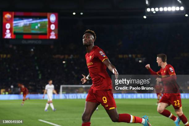 Tammy Abraham of Roma celebrates scoring his sides first goal during the Serie A match between AS Roma and Atalanta BC at Stadio Olimpico on March...