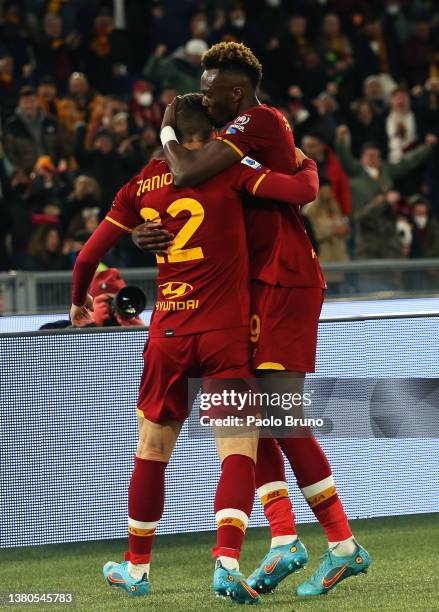 Tammy Abraham of Roma celebrates scoring his sides first goal with Nicolo Zaniolo of Roma during the Serie A match between AS Roma and Atalanta BC at...