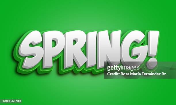 words - spring! - in white color against green background 3d render - 3d letters stock pictures, royalty-free photos & images