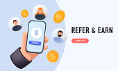 Refer a friend concept. Hands hold phone with contacts of friends. Business partnership strategy with group of people.