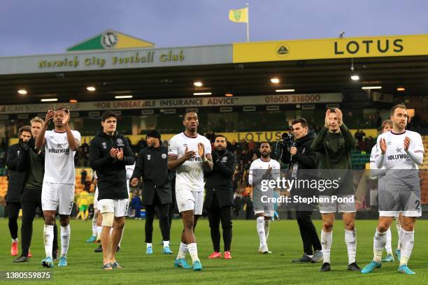 Brentford players following the Premier League match between Norwich City and Brentford at Carrow Road on March 05, 2022 in Norwich, England.