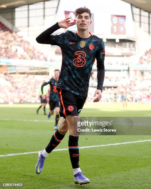 Kai Havertz of Chelsea celebrates after scoring their team's second goal during the Premier League match between Burnley and Chelsea at Turf Moor on...