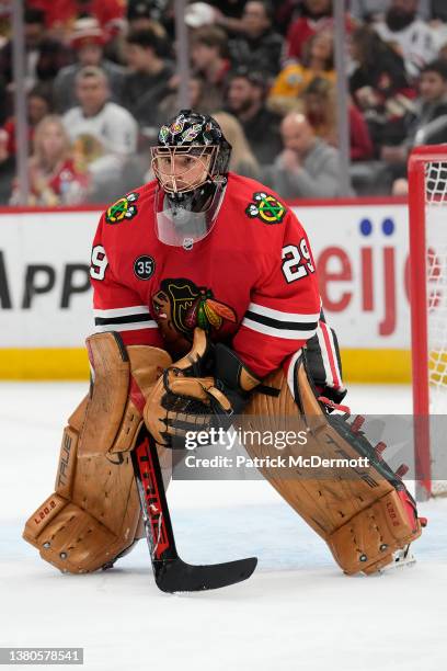 Marc-Andre Fleury of the Chicago Blackhawks tends the net against the Edmonton Oilers during the first period at United Center on March 03, 2022 in...