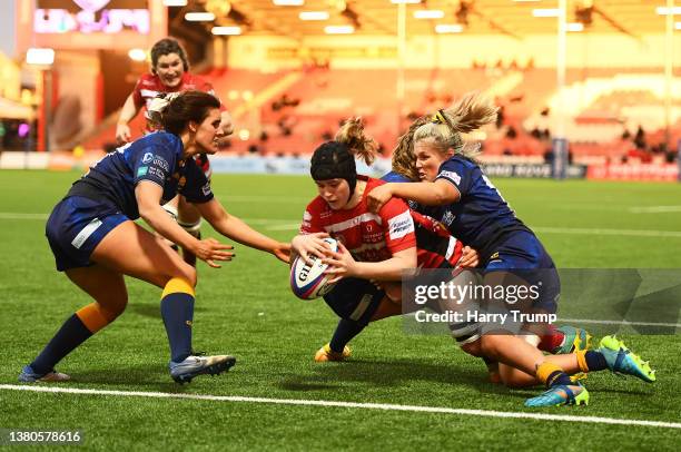 Bethan Lewis of Gloucester Hartpury goes over to score their sides first try during the Allianz Premier 15s match between Gloucester-Hartpury Women...