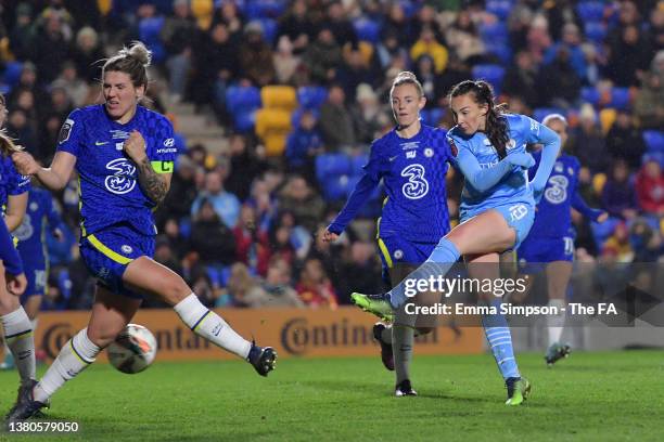 Caroline Weir of Manchester City scores their team's first goal past Sophie Ingle and Millie Bright of Chelsea during the FA Women's Continental...