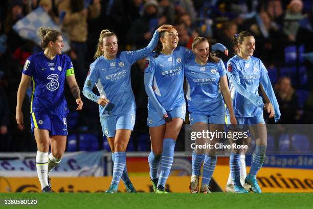 Caroline Weir of Manchester City celebrates with teammates after scoring their team's first goal during the FA Women's Continental Tyres League cup...