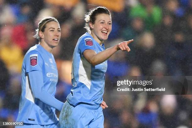 Ellen White of Manchester City celebrates after scoring their team's second goal during the FA Women's Continental Tyres League cup final match...