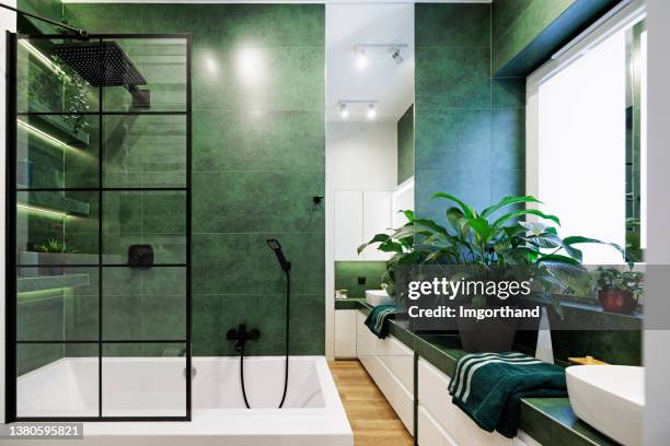 green luxury bathroom, black rain shower head. - kamerscherm meubels stockfoto's en -beelden