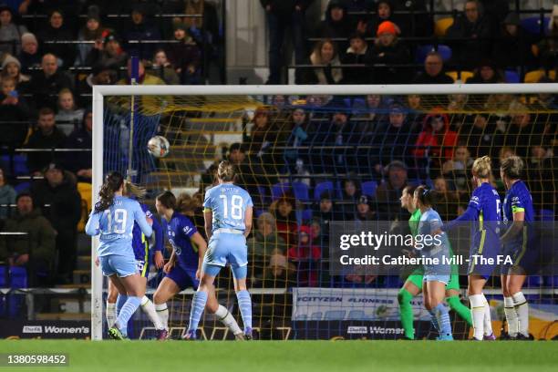 Caroline Weir of Manchester City scores their team's third goal during the FA Women's Continental Tyres League Cup Final match between Chelsea Women...