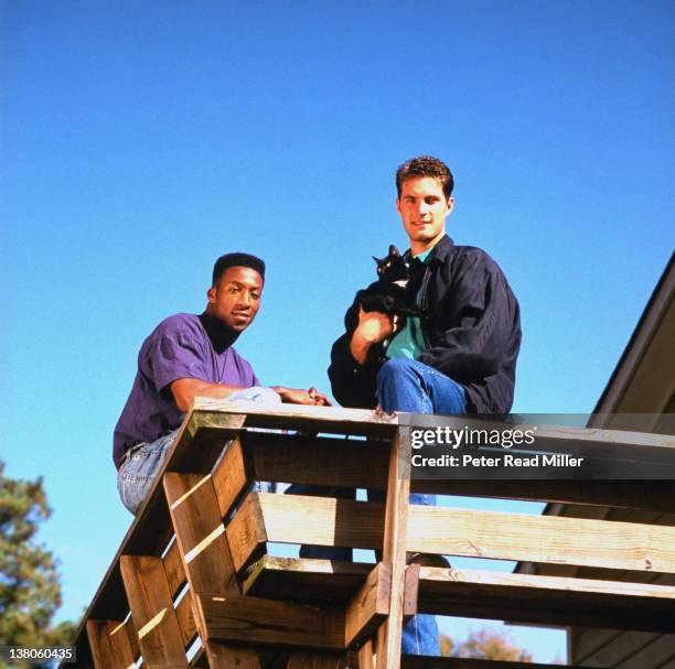 Duke Christian Laettner and Brian Davis posing on campus during photo shoot. Durham, NC CREDIT: Peter Read Miller