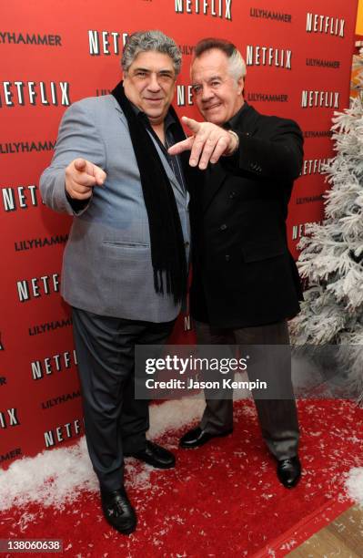 Actors Vincent Pastore and Tony Sirico attend the North American Premiere Of "Lilyhammer", a Netflix Original Series at Crosby Street Hotel on...