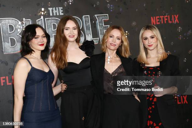 Iris Apatow, Karen Gillan, Leslie Mann and Maria Bakalova attend a photocall for "The Bubble," hosted by Netflix, at Four Seasons Hotel Los Angeles...