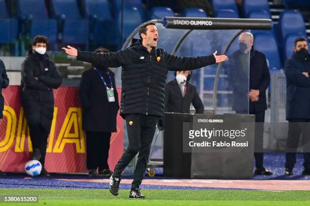 Roma coach Salvatore Foti reacts during the Serie A match between AS Roma and Atalanta BC at Stadio Olimpico on March 05, 2022 in Rome, Italy.