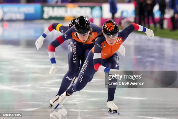 Femke Kok of the Netherlands, Jutta Leerdam of the Netherlands and Dione Voskamp of the Netherlands competing in the Women's Team Sprint during the...