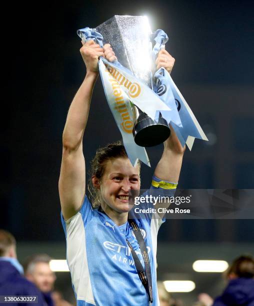 Ellen White of Manchester City celebrates with the FA Women's Continental Tyres League cup trophy following their side's victory in the FA Women's...