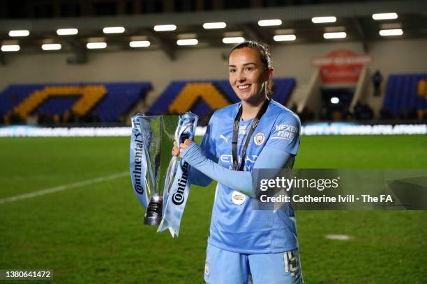 Caroline Weir of Manchester City celebrates with The FA Women's Continental Tyres League Cup trophy following their side's victory in the FA Women's...