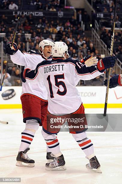 Derek Dorsett of the Columbus Blue Jackets celebrates after scoring a goal against the Los Angeles Kings at Staples Center on February 1, 2012 in Los...