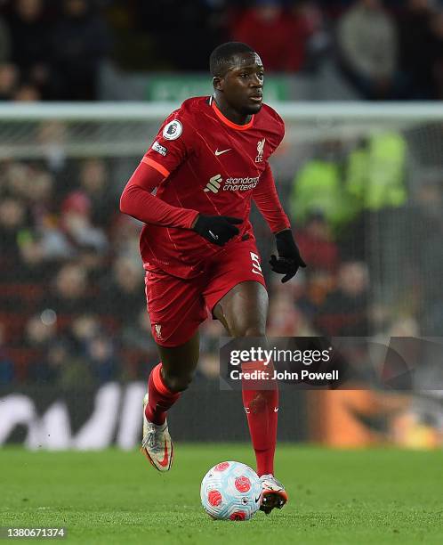 Ibrahima Konate of Liverpool in action during the Premier League match between Liverpool and West Ham United at Anfield on March 05, 2022 in...