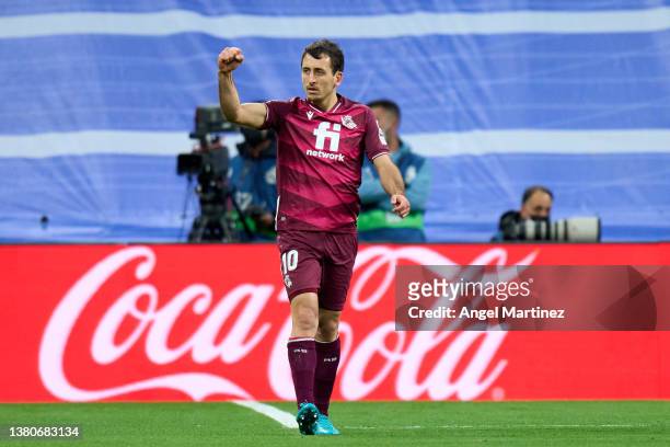 Mikel Oyarzabal of Real Sociedad celebrates after scoring their team's first goal during the LaLiga Santander match between Real Madrid CF and Real...