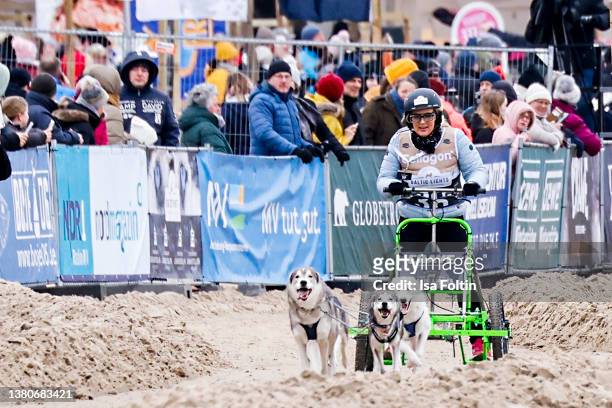 German TV host Anja Petzold participates the sled dog race as part of the "Baltic Lights" charity event on March 5, 2022 in Heringsdorf, Germany. The...
