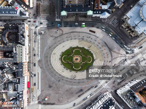 overhead view of the kongens nytorv square in the copenhagen, denmark capital city - copenhagen aerial stock pictures, royalty-free photos & images