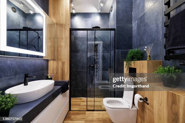 dark blue modern luxury bathroom. - kamerscherm meubels stockfoto's en -beelden