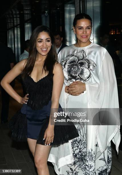 Yami Gautam and Neha Dhupia attend the '"A Thursday" film event on March 05, 2022 in Mumbai, India.