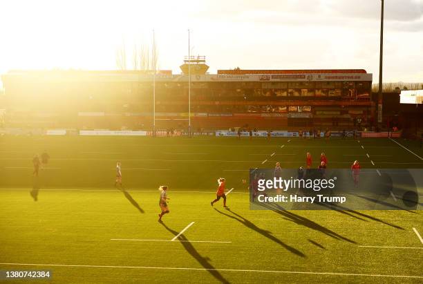 Players of Gloucester-Hartpury warm up ahead of the Allianz Premier 15s match between Gloucester-Hartpury Women and Worcester Warriors at Kingsholm...