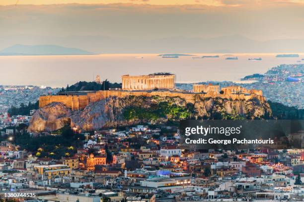 high angle view of the acropolis of athens, greece - athens democracy stock pictures, royalty-free photos & images
