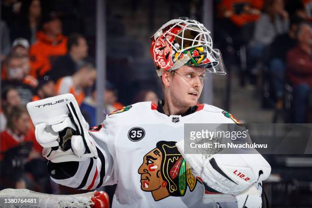 Kevin Lankinen of the Chicago Blackhawks looks on during the second period against the Philadelphia Flyers at Wells Fargo Center on March 05, 2022 in...