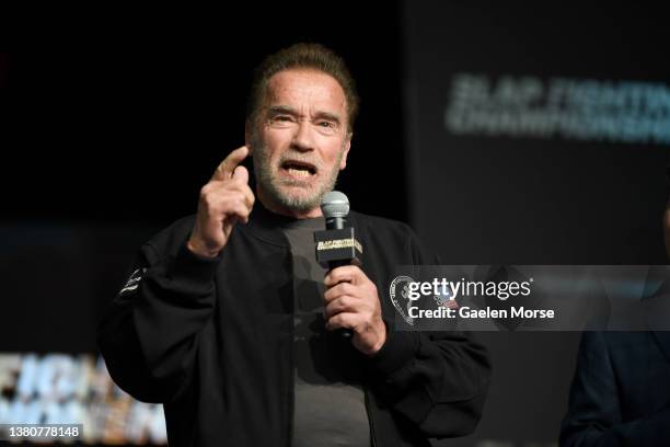 Arnold Schwarzenegger speaks to fans during the Slap Fighting Championships at the Arnold Sports Festival in Columbus Convention Center on March 05,...