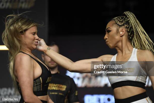 Julia Kruzer slaps Adrianna “Flychanelle” Śledź during the Slap Fighting Championships at the Arnold Sports Festival in Columbus Convention Center on...