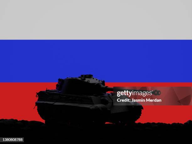 war military tank on russian flag - russia ストックフォトと画像